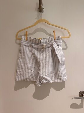 High-Waist Striped Paperbag Shorts with Self-Tie Belt - Light Blue/White